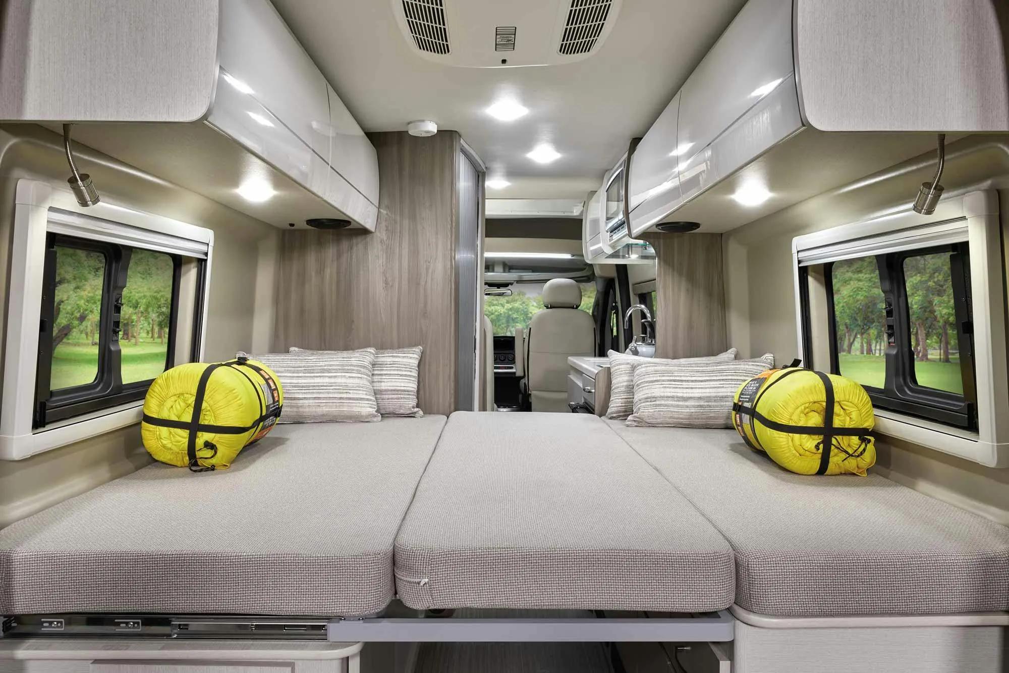 2021 Thor Tellaro Class B RV 20A King Conversion Bed - Crisp Linen Modern White Cabinetry