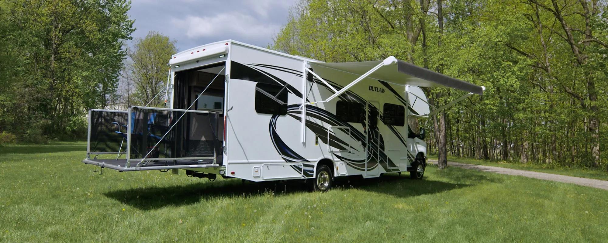 2022 Thor Outlaw Class C Toy Hauler RV Lifestyle garage patio down slider toy haulers page