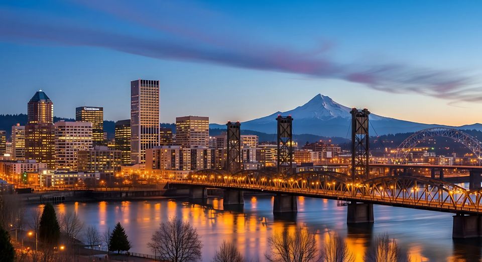 Iconic Portland skyline with the Willamette River and a distant view of Mount Hood.