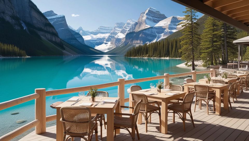 A tranquil lakeside restaurant with an open-air design overlooking crystal clear Lake Louise in Banff National Park.