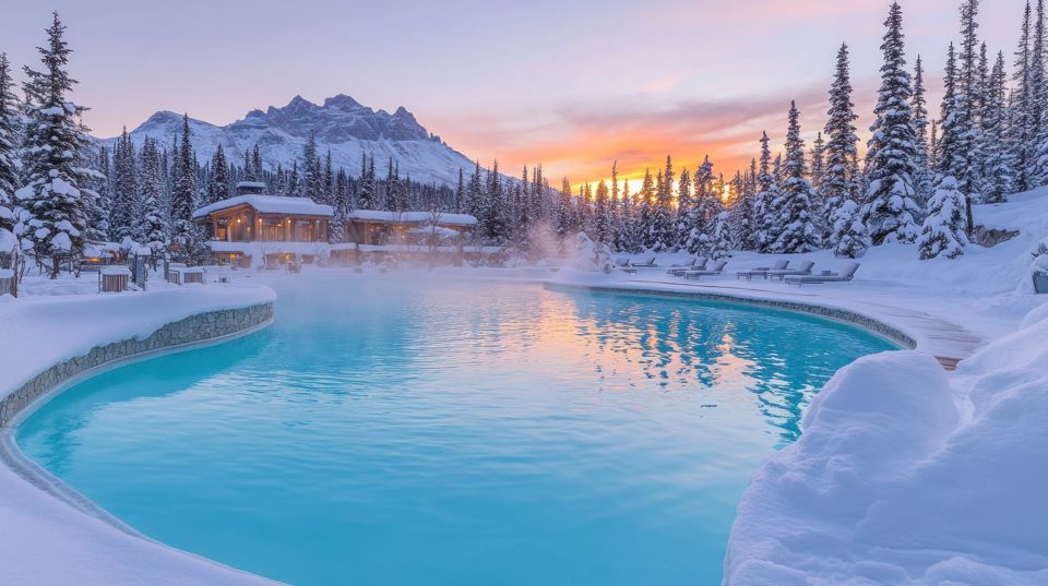 Serene winter hot spring pool nestled in snowy mountains at sunrise.