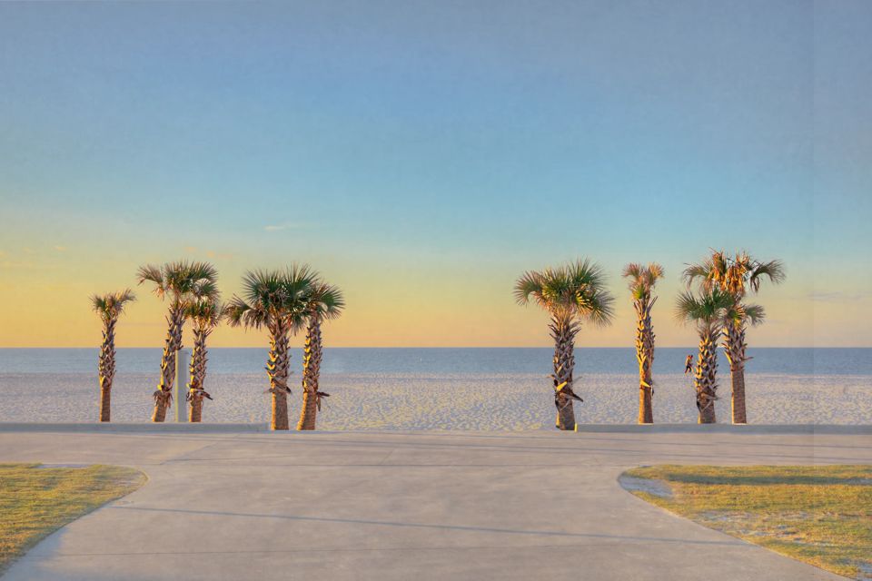 Gulf Shores Public Beach 
101 Gulf Shores Pkwy.
Gulf Shores Alabama 

Photo taken on September 27, 2021 

Palm trees welcome beachcombers to the beautiful coast of Gulf Shores Alabama.  Early morning on a cloudless early autumn day.  Looks like it will be a great day to enjoy the beach.  Take a walk along the shore, or sit and watch the waves.  