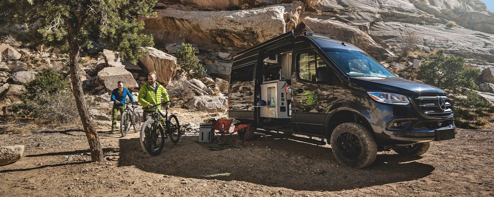 2021 Thor Sanctuary Mercedes Sprinter RV Sprinter Van lifestyle in utah corporate photo shoot guys with bicycles